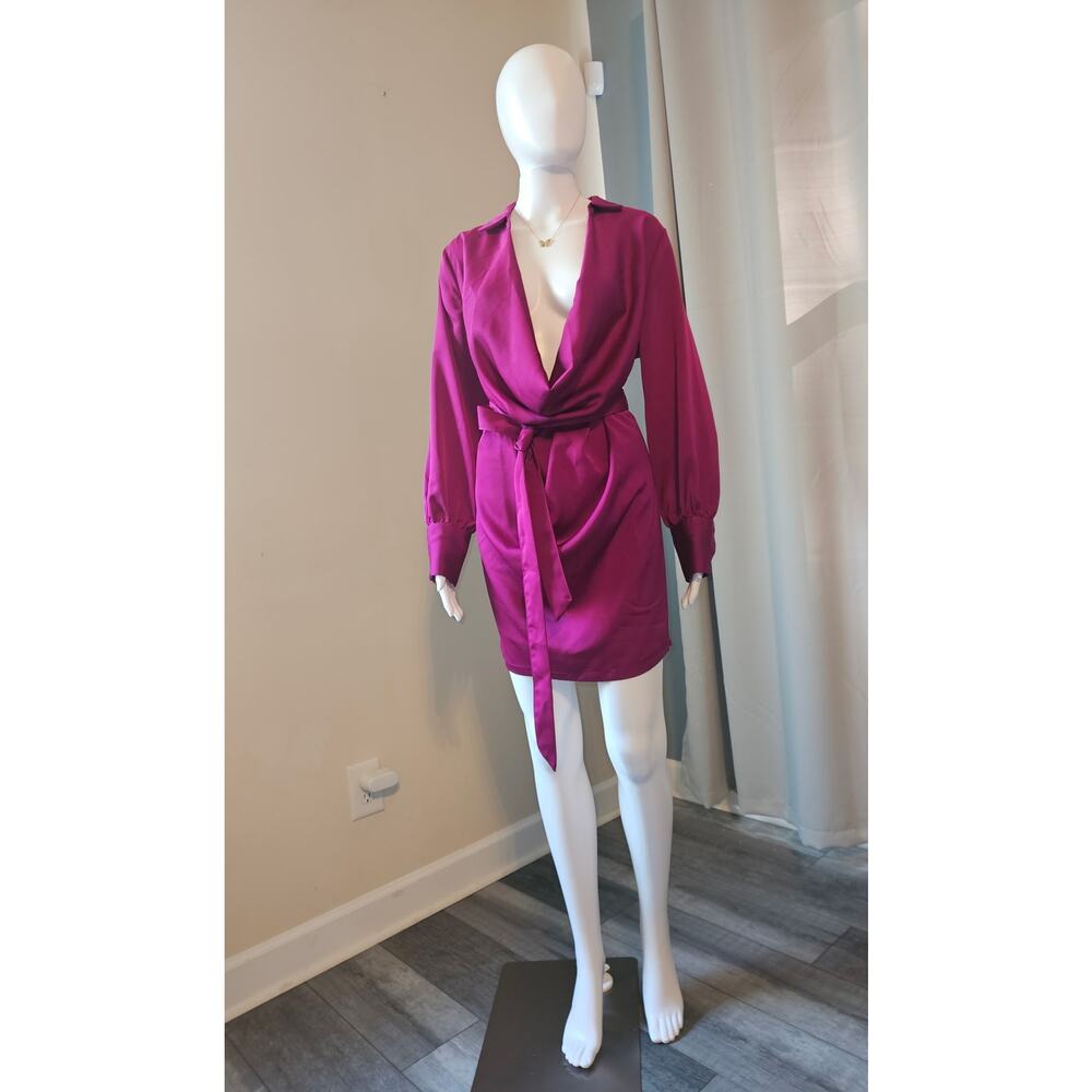 Magenta Chic Satin Mini Dress with Tie Detail
